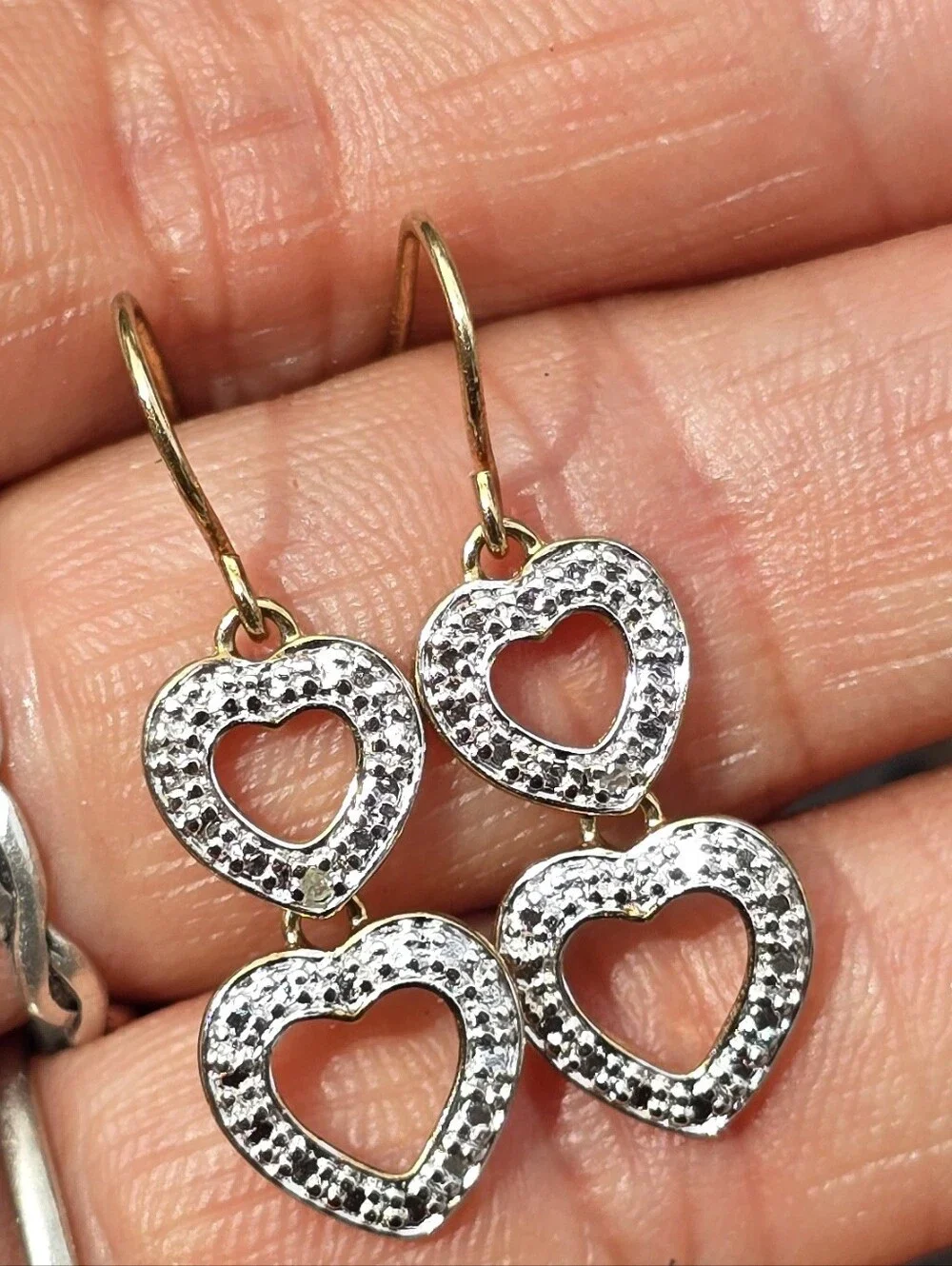 Fancy genuine diamond 925 sterling silver gold vermeil double heart dangle earri